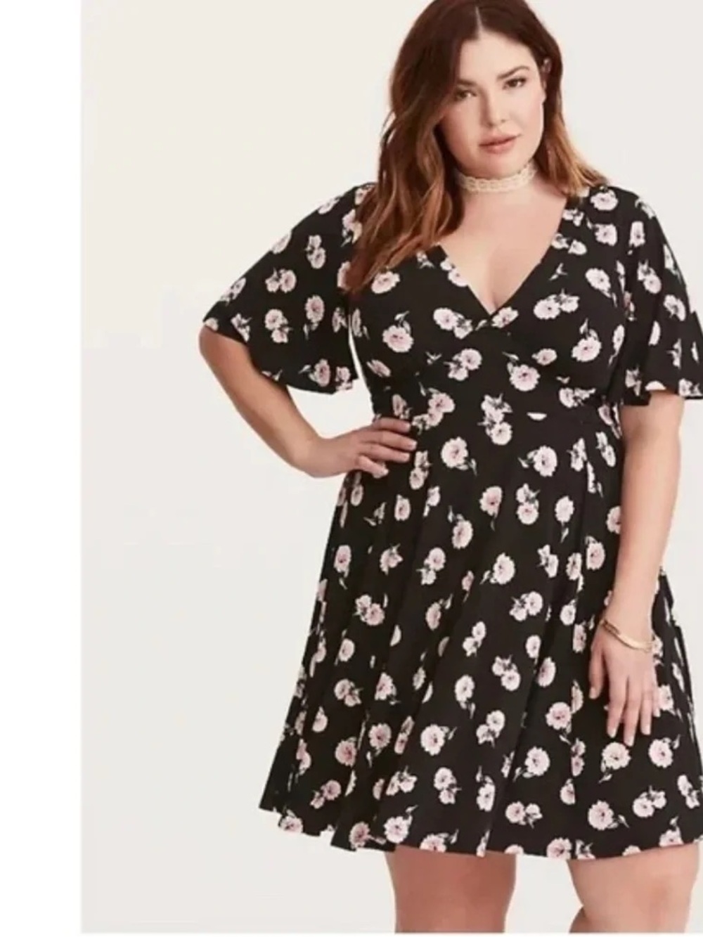 Black Floral V-Neck Skater Dress